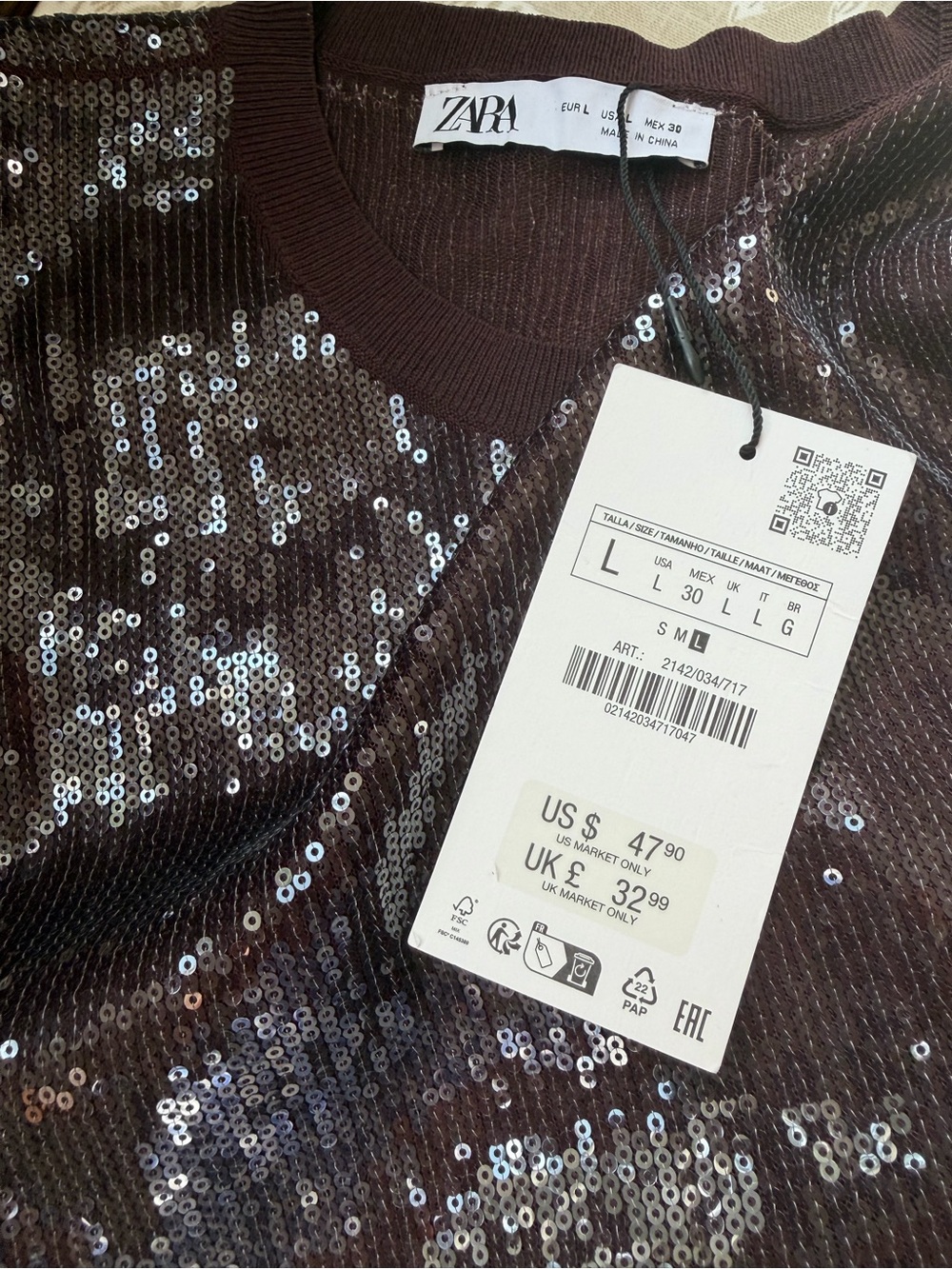 Zara Chocolate Brown Sequin Sleeveless Knit Shell Top Size L NWT - Picture 3 of 6